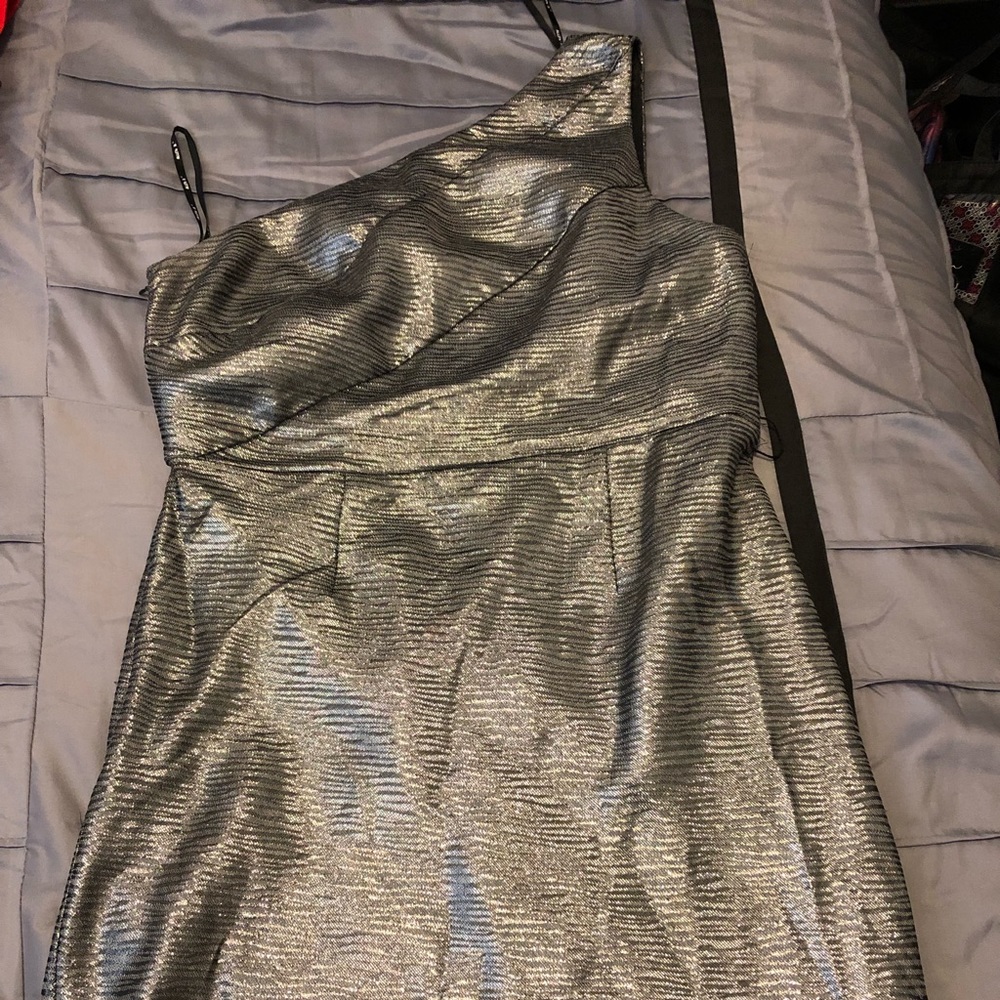 Allen B one shoulder metallic dress